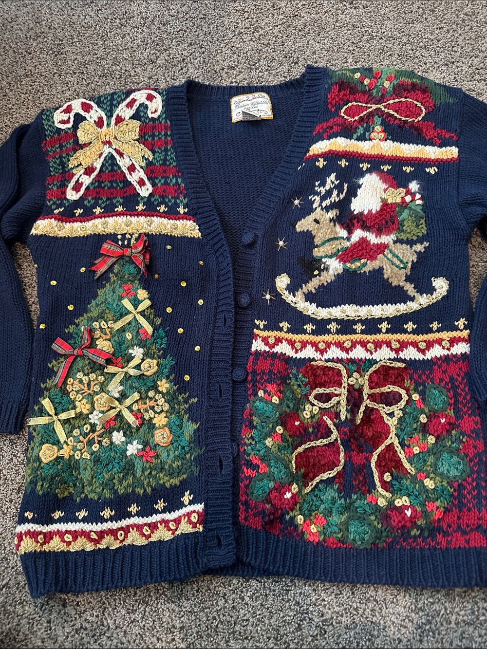 Vintage Navy Christmas Cardigan Sweater Size L Heirloom Collectables
